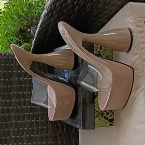 Cape Robbin Nude Patent Platform Mule with Clear Strap